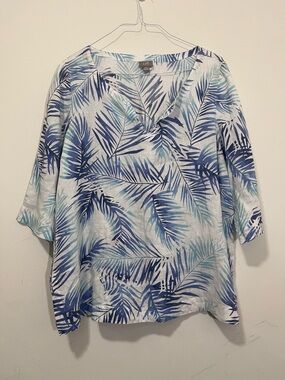 J. Jill 100% Linen Tropical Palm Leaf 3/4 Sleeve  Blouse Relaxed Top XL Coastal